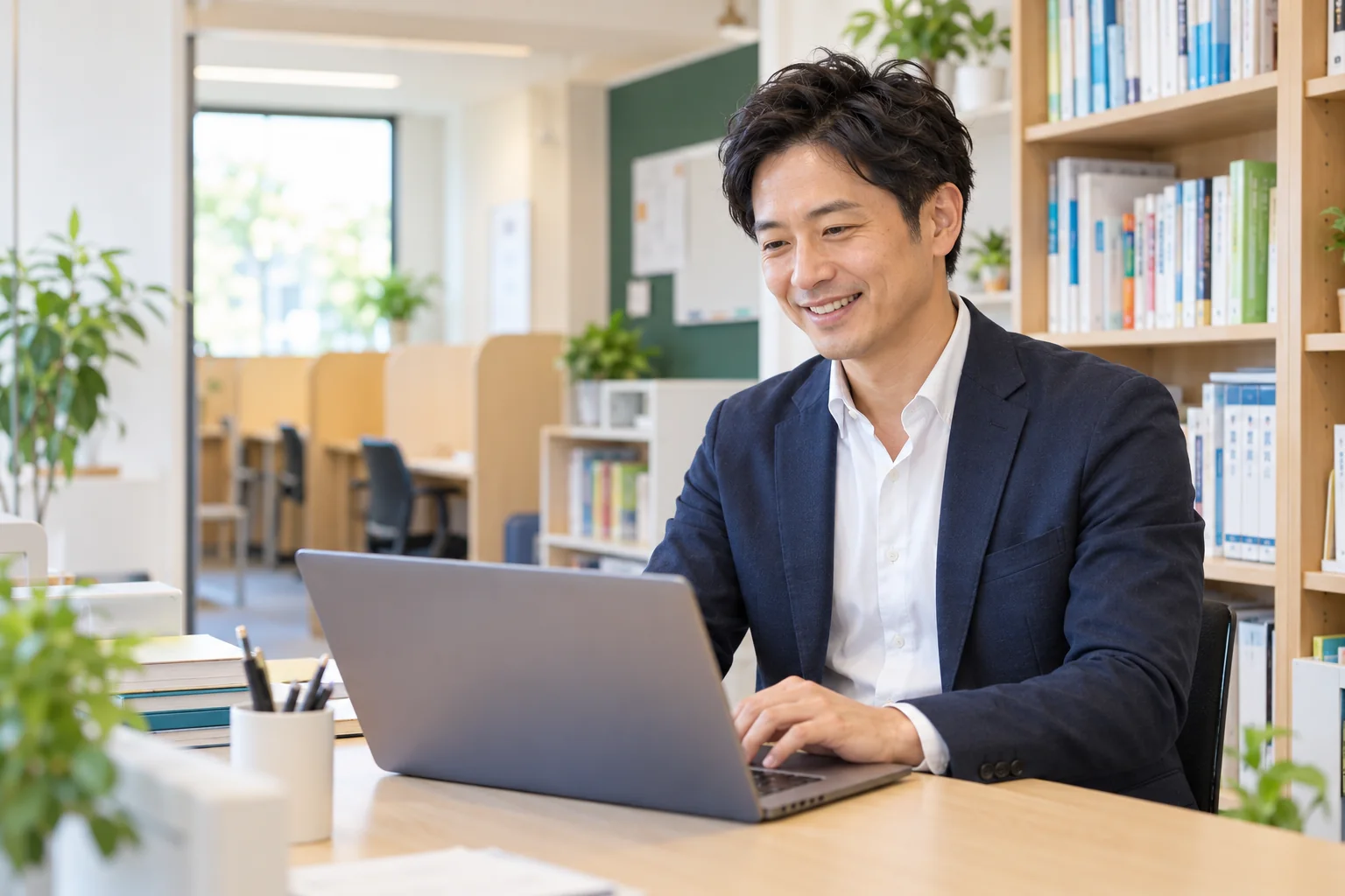 明るい学習塾で、パソコンを操作する塾長