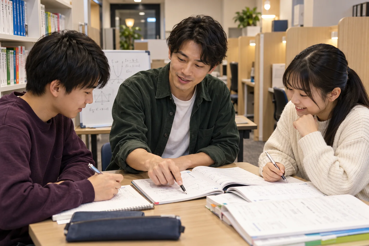 少人数の個別指導塾で、教材を囲んで学ぶ講師と生徒たち。