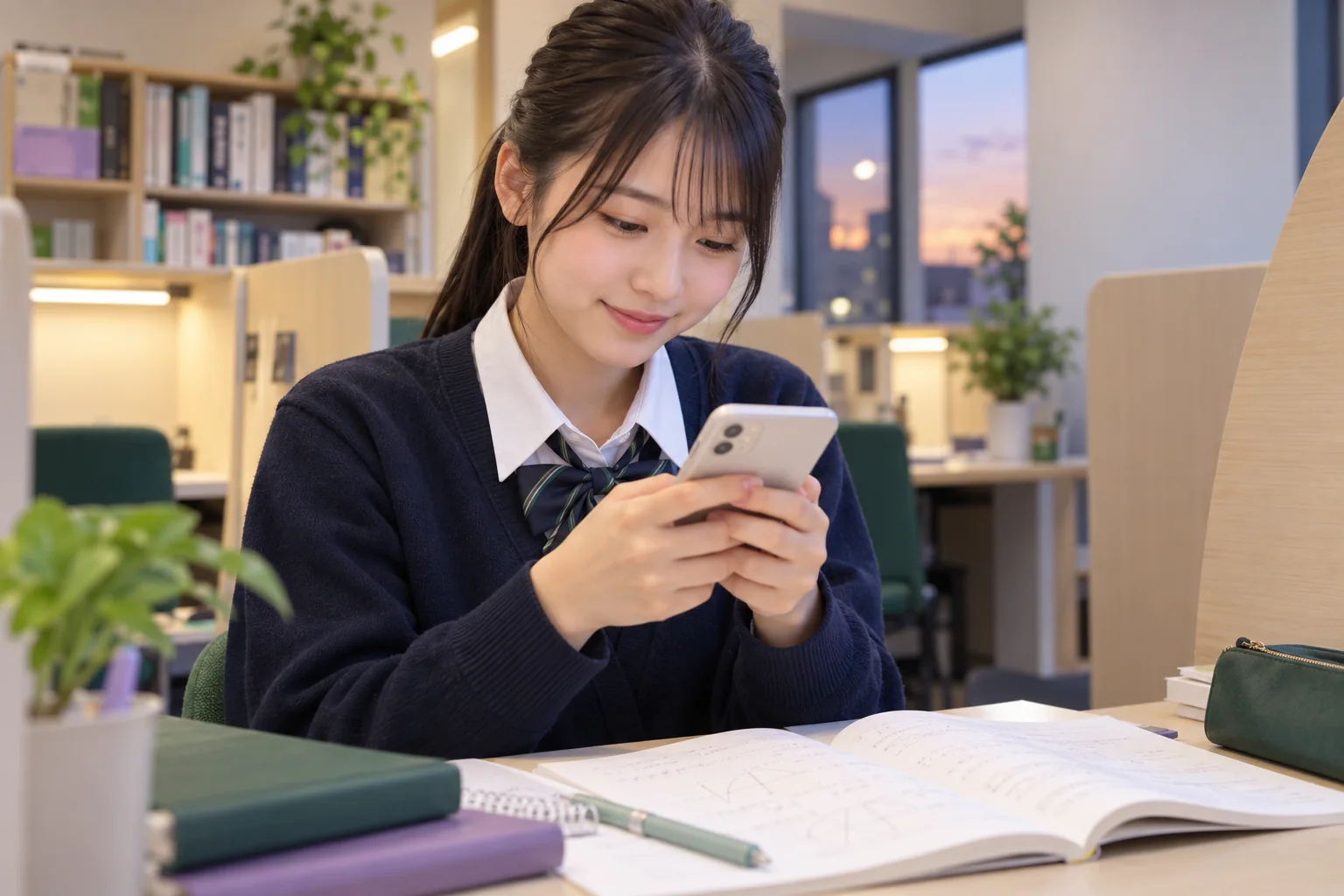 個別指導塾で、スマートフォンから授業予定を確認する女子高生